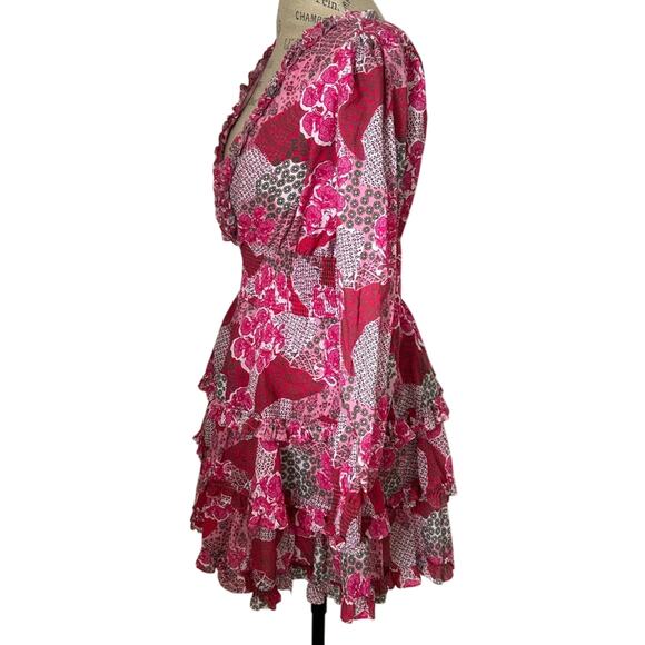 Peixoto $268 ruby smocked mini dress tiered ruffle pink red Anthropologie sz S - Picture 5 of 10